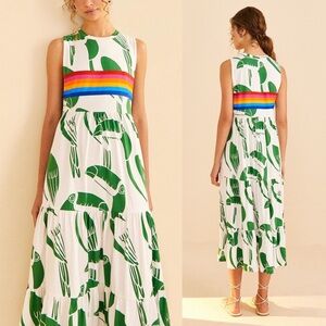 FARM RIO NWT Off-White Rainbow Toucans Organic Cotton Maxi Dress Size Large